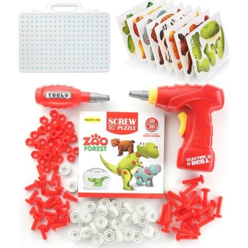 Montessori Materials Drilling Screw 3D Creative Mosaic Puzzle Toys For Children Kids DIY Electric Drill Set Boys Educate