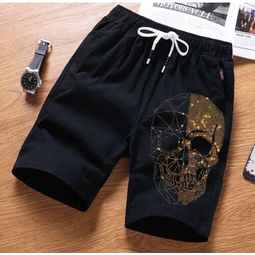 2021 Mens Rhinestones Skull Shorts Summer Casual Beach Shorts Men Short Pants Slim Fit Shorts Fitness Clothing