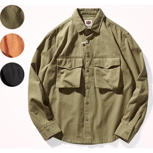 2021 Autumn New American Casual Woven Pocket Shirt Mens Fashion Simple Long Sleeved Lapel Loose Tooling Washed Old Jacket Tops
