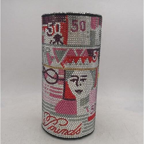 Novelty Oval Barrel Of Cash Women Money Euro Fity Crystal Evening Clutch Bag Party Diamond Minaudiere Handbags And Purses