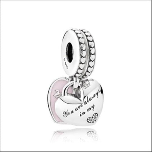 Genuine 100% 925 Sterling Silver Bead Charm Mother Daughter Hearts Pink Enamel Charms Fit PAN Bracelets Women Diy Jewelry