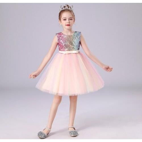 Little Girls Rainbow Sequin Dress Flower Girls Tutu Kids Birthday Party Dresses Outfit Sleeveless Pink Shiny Glitter Dress Girls