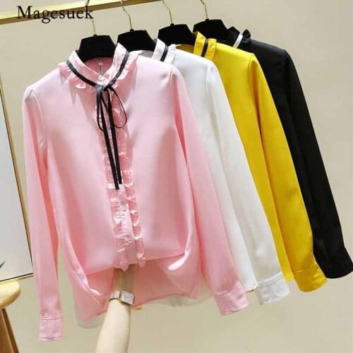 Early Autumn Long Sleeve Bow Tie Chiffon Blouse Women O-neck Solid Splicing Cardigan Tops Slim Shirts Blusas Mujer De Moda 11512