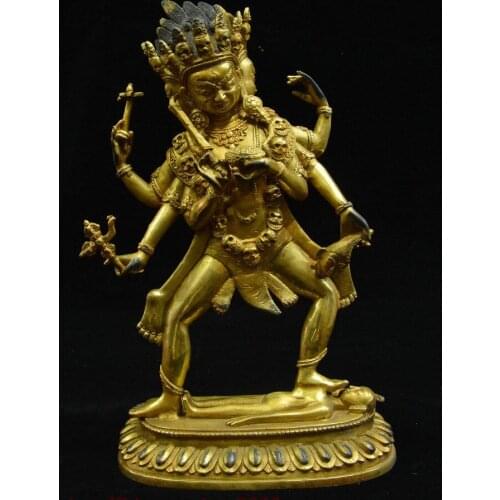 11" Tibet Buddhism Bronze 3 Head 6 Arms Namgyalma & Ushnishavijaya Buddha Statue