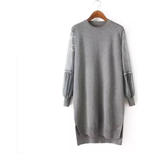 New style lantern sleeves sweater long dress lace o-neck stretch knitting large size wide fit fats women Elastic