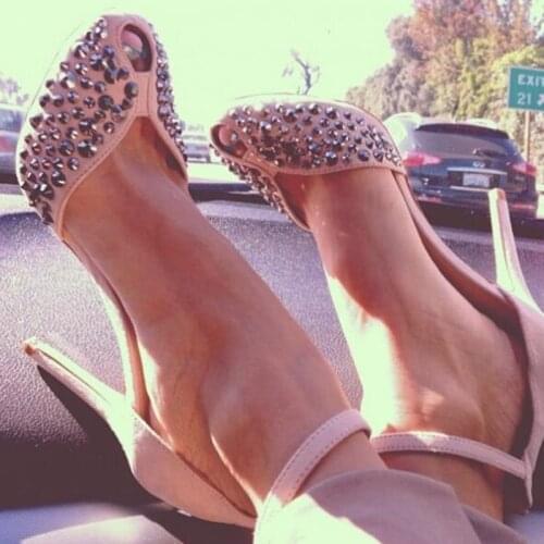 Sexy Studded Open Toe Pumps Pink Suede Ankle Strap Metal Decoration Dress Shoes Cut-out Stiletto Heels Party Banquet Shoes