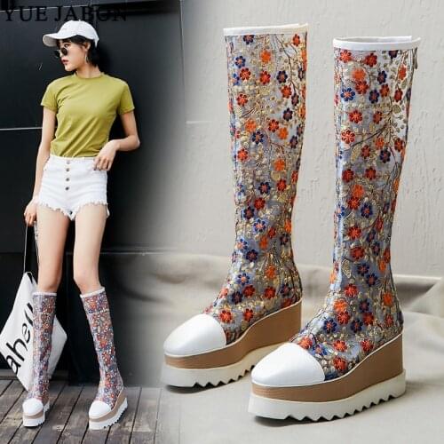 New 8CM wedge Knee High Boots Women Flower Embroidered Motorcycle Boots Ladies Shoes Woman Zapatos Mujer Zip Bohemia Booties