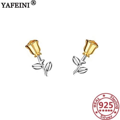 YAFEINI 925 Sterling Silver Gold Color Rose Stud Earrings For Jewelry Gifts Womens Earrings 925 Jewelry Valentines Day Gifts