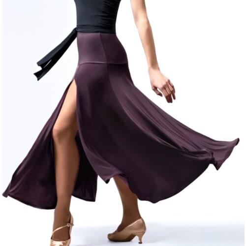 Women Left Split Elegant Coffee Elastic Long Women Ballroom Dance Skirt Flamenco Skirt Dance Clothes