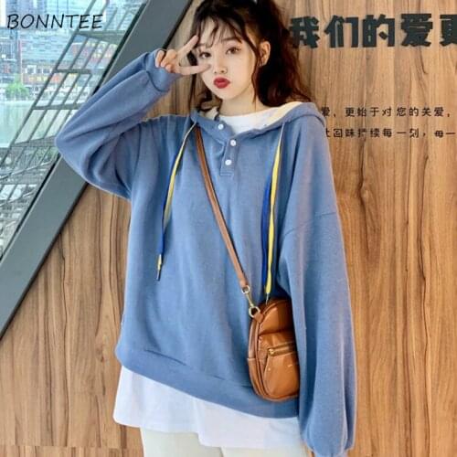 Hoodies Women Drop-shoulder Button Plus Velvet Thicken Preppy Style Students Sweet Hooded Casual Chic All-match Ulzzang Female