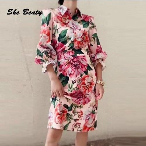 Skirt Set Women 2021 Summer Clothed Long Sleeve Pink Floral Printed Blouse And Skirts Two Pieces Suits Ladies Outfits Jupe Femme