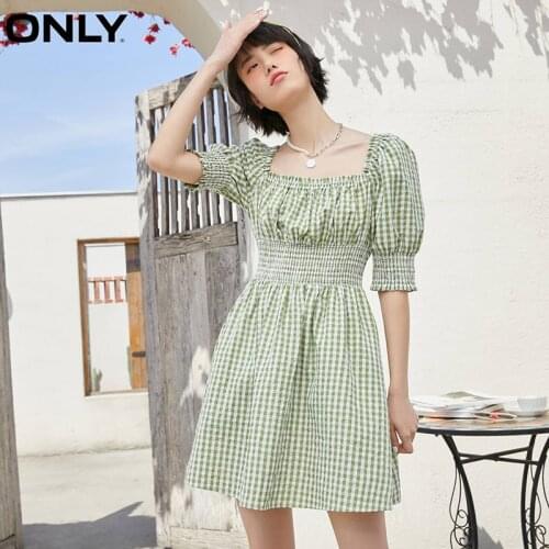 ONLY 2021 summer age reduction square neck puff sleeve small plaid short dress female | 121207105