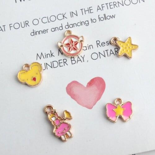 10pcs Mini Enamel Magic Sakura Charms Koko Star Bow Dangle Gold Cardcaptor Magic Stick Charms For Jewelry Making Findings DIY