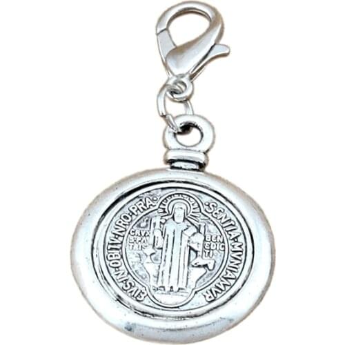 50Pcs /Lots Zinc Alloy Saint San Benedetto Medal Cross Charm Bead With Lobster Clasp Fit Bracelet Jewelry DIY18.9x39mm