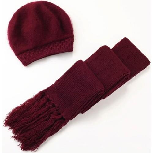 Middle-aged Female Beret Hat Winter Rabbit Knitted Women Fashion Cap Mother Birthday Present Warm Scarf Elegant Hats Suit H7135