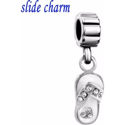 Slide charm Free shipping gift white enamel inlay white lady slippers crystal pendant fashion beads fit Pandora charm bracelet