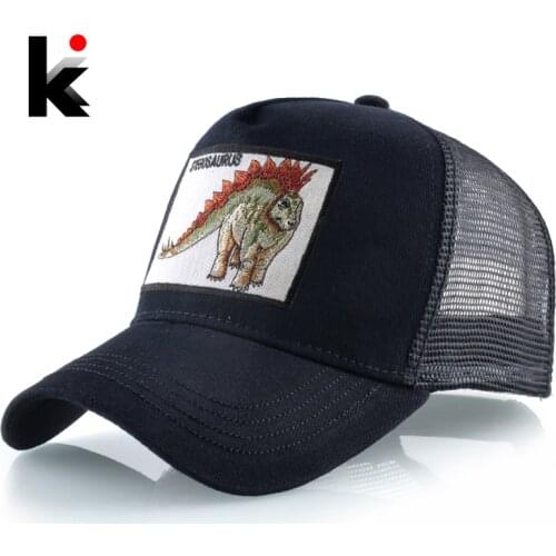 Summer Mesh Baseball Hat Mens Fashion Trucker Caps Women Solid Color Black Baseball Cap Snapback Hip Hop Bone Stegosaurus Patch