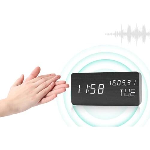 USB Recharge Clocks LED Wooden Alarm Clock Voice Control Digital Wood Ornaments Electronic Alarm Clock Desktop Table Art Decor