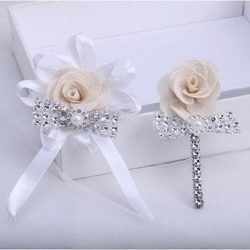 Cheap Mens Corsage Pearl Rhinestone Fabric Flower Groom Lapel Pin DIY Party Business Supplies T054