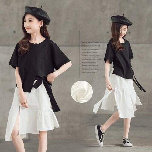 Kids Clothes Summer 2021 New Girls Black T Shirt Irregular White Skirt Two Pieces Suit Clothes for Teens Childrens Clothing Set