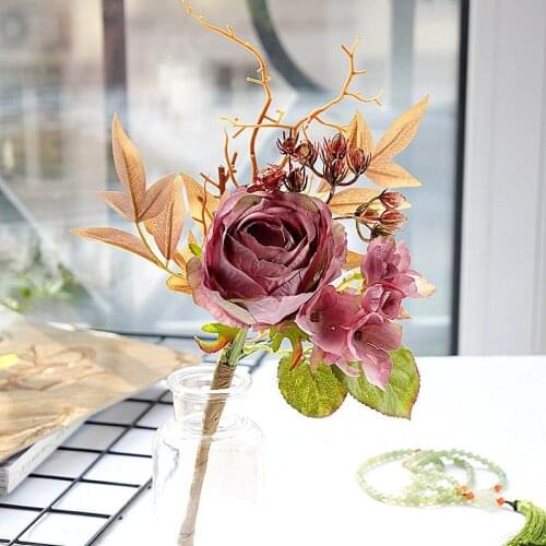 European Silk Artificial Rose Flowers DIY Branches Plastic Berries Leaf Fake Flowers for Home Wedding Decoration Supplies Props