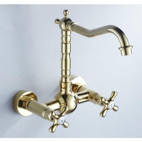 Gold Color Brass Two Cross Handle 2 Hole Wall Mounted Kitchen Bathroom Basin Faucet Sink C/H Mixer Tap Swivel Spout 360' dgf054