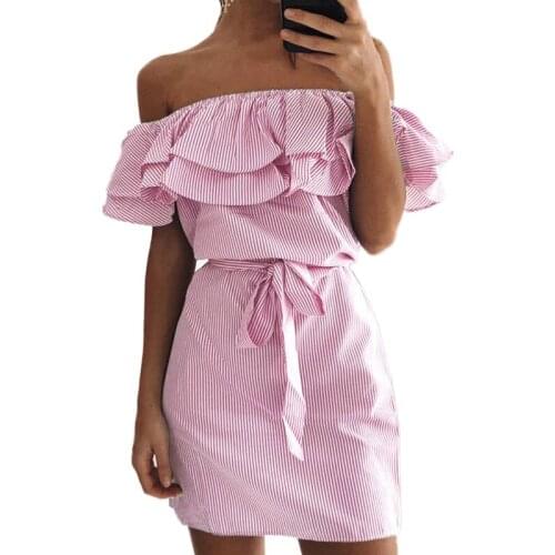 Summer Women Pleated Dress Fashion Female Striped Dress Slash Neck Mini Dress With Sashes Ladies Party Vestidos Cute