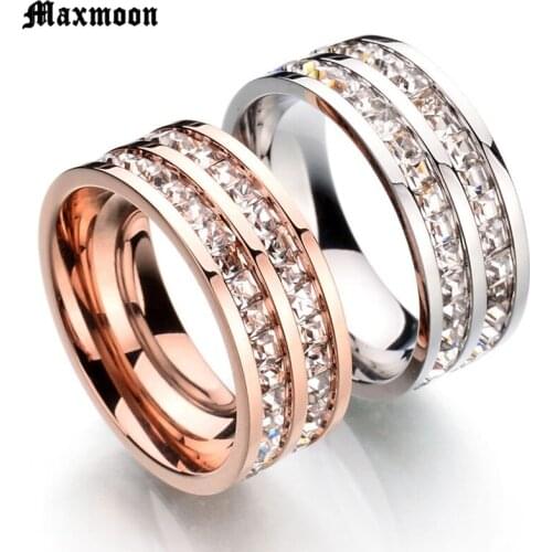 Maxmoon Titanium Stainless Steel Ring For Women Men Double Row Crystal Zircon Wedding Engagement Ring Female Jewelry Hot Sale