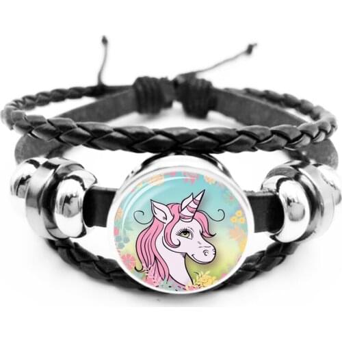 2020Cute Anime Cartoon Bracelet Glass Cabochon Black Leather Snap Buckle Unicorn Childrens Bracelet Men and Women Jewelry Gifts