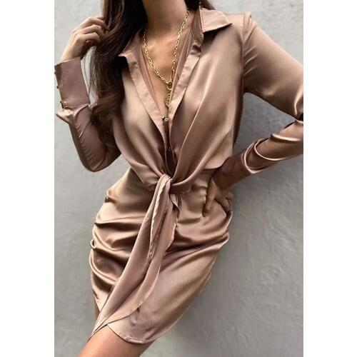 Fashion Ruched Shirt Mini Dress 2021 Spring Fall Women Clothes Long Sleeve Lapel Patchwork Bandage High Waist Lady Sexy Vestidos