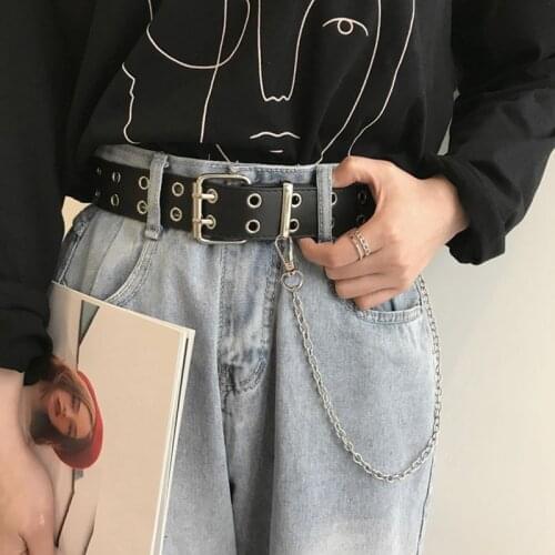 Fashion Punk Women Belts With chain Pu Leather Transparent Single Double Row Hole Pin Waist Straps Jeans Female Girl Waistband