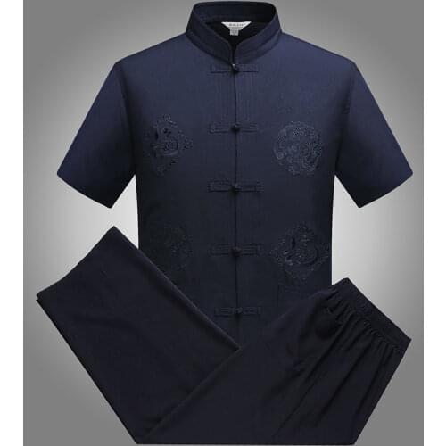 Embroidery Dragon Blouse Tops Man Tang Suit T Shirt Kung Fu Coat Father Oriental Cardigan Chinese Traditional Clothes for Men
