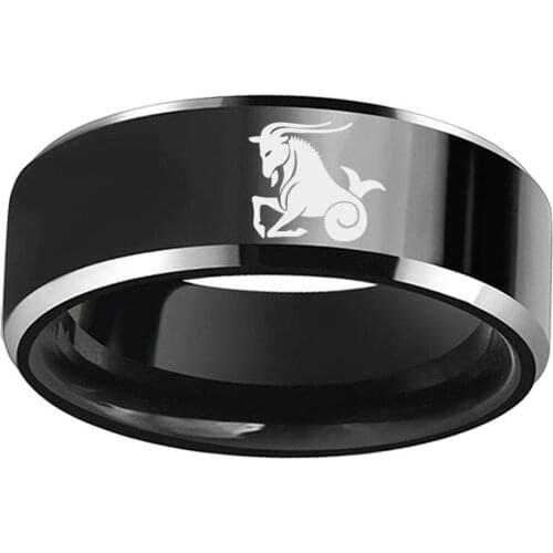 Men Wedding Black Tungsten Ring 8mm Polished Flat Center Beveled Edge Comfort Fit Laser Zodiac Capricorn Constellation Jewelry