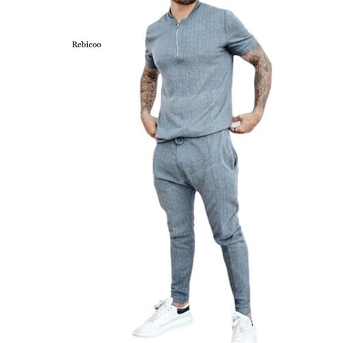 Mens 2 Piece Set Solid Color Turn-Down Collar Zipper Tops and Drawstring Pants Outfit Casual Suits Autumn Plus Size New