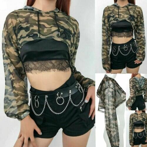 Sexy Womens Summer Casual Camouflage Perspective Long Sleeve Blouse Tops