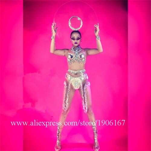 Catwalk Show Rhinestone Bikini Dance Suit Clothes Singer Womens Stage Costumes Sexy Lady Party Event Masquerade DS Dress