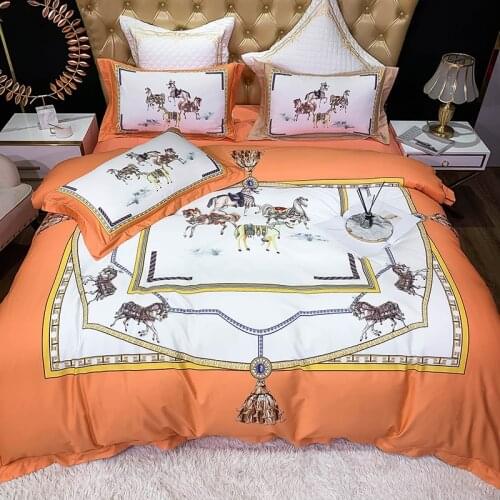 Luxury Orange/White Satin Egyptian Cotton War Horse Digital Printing Bedding Set Duvet Cover Bed Linen Fitted Sheet Pillowcases