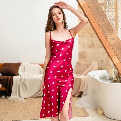 Shetelisi Satin Chiffon Women Long Nightgown Heart Pattern Printing Sleepwear Trim Cute Sweet Outwear Nightie sp0097