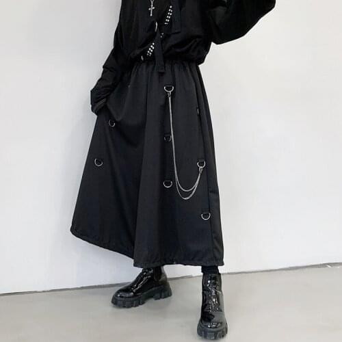 Summer Mens Loose Skirt Pants Metal Chain Decoration Ankle-length Trousers Black Stylish H8