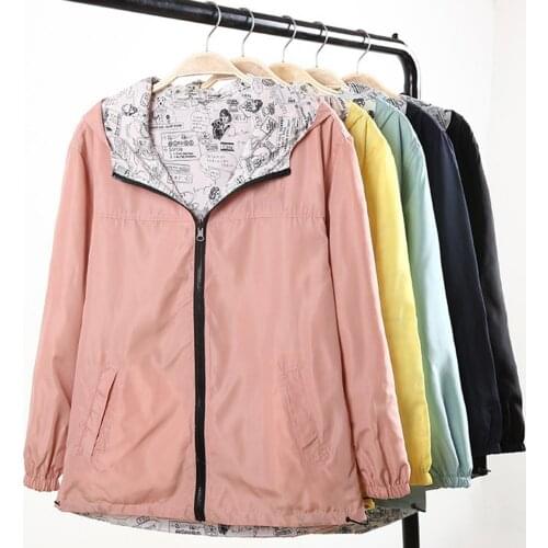 Women Casual Loose Long Sleeves Double-sided Printed Zipper Hooded Jacket Coat