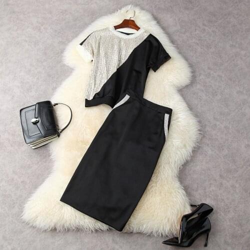 Woman Clothes Set Summer 2021 New Round Neck Color Patchwork Sequined Short Top + High Waist Split Midi Skirt Two Piece Set S-XL
