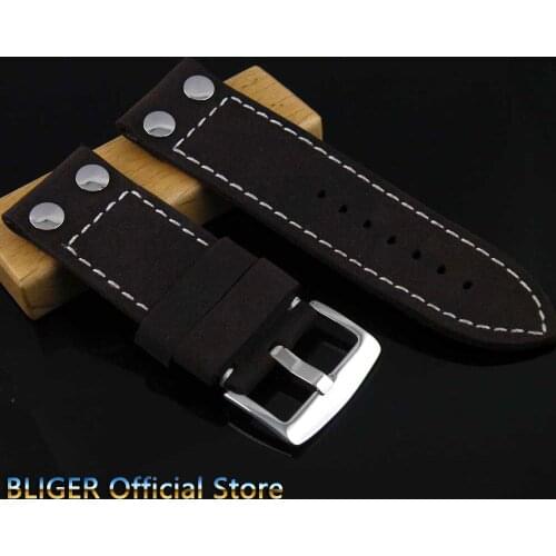 28MM 1PCS BLIGER Black Cow Genuine Leather Strap Stainless Steel Buckle Pin Clasp Leather Watch Band Fit For Mens Watches ST5