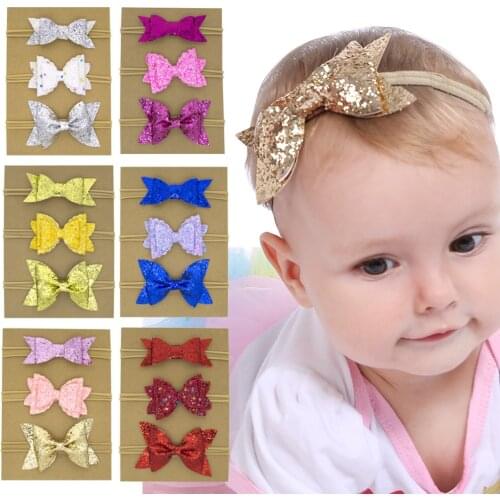 3PC/Sets Baby Headbands Nylon Sequined Bow Solid Color Elastic Band Hair Bands Turban For Newborn Kids Hair Accessories