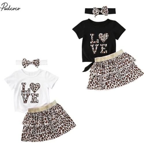 2020 Baby Summer Clothing Infant Kids Baby Girls 3Pcs Set Outfits LOVE Heart Print Tops Shirt Ruffled Skirts Headband Fashion