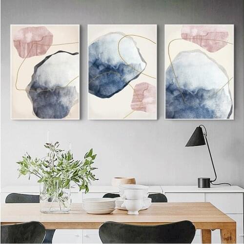 Abstract Blue watercolor Canvas Print Paintings Golden lines Nordic Wall Art Pictures on Canvas Living Room Home Decor