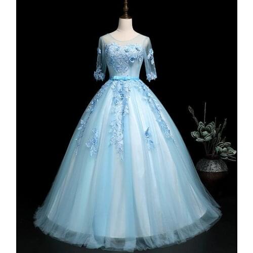 Fashion Noble O Neck Quinceanera Dresses Luxury Half Sleeve Beading Applique Ball Gown Floor Length Party Prom Formal Dress