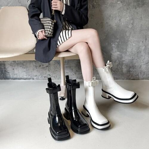Bowknot Square Toe Thick-soled Martin Boots Womens Chelsea Boots Soft Leather White Short Boots Thick Heeled Thin Boots