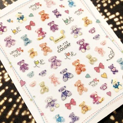CA-112 Newest bear design colorful film designs 3d nail art sticker nail decal accessories