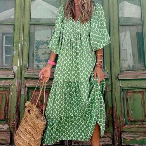 Boho Green Print Long Maxi Dresses for Women Autumn Summer 2021 Casual Loose V Neck Lace-up Dress Holiday Beach Wear Vestidos