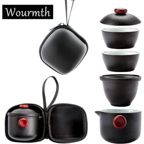 Wourmth Travel Tea Set Quick Cup Simple Black Pottery Mini One TeaPot Two Cups Portable Office Filter Tea Cup Kungfu Teaware Set